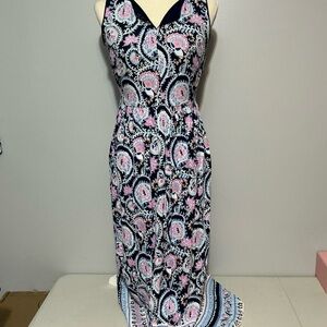 Talbots Blue Pink Periwinkle Paisley Border Hem Maxi Dress Split Neck size 2